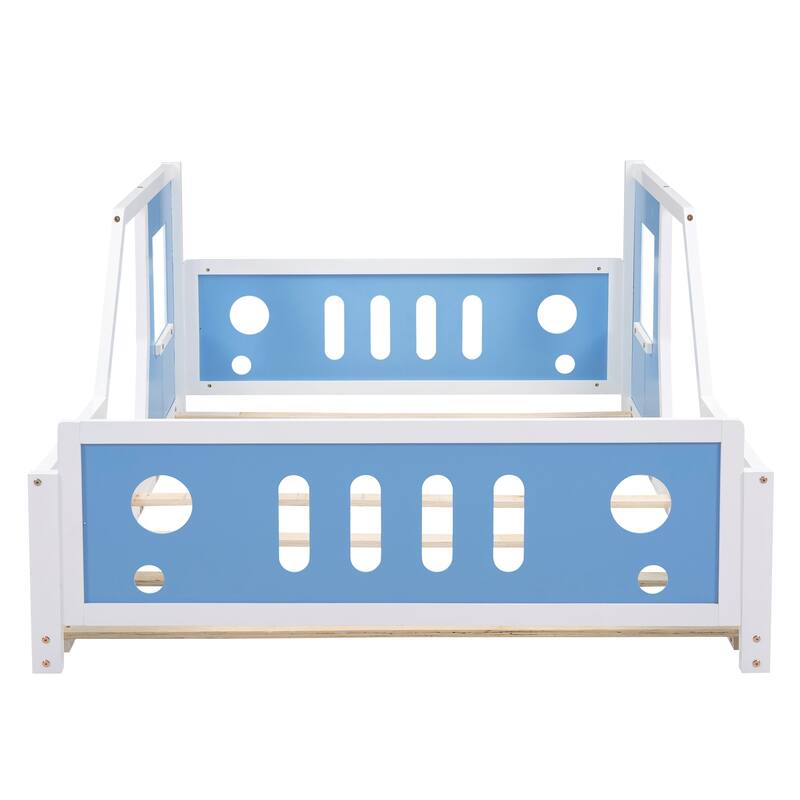 Classic Car-Shaped Full Size Platform Bed with Wheels in Blue