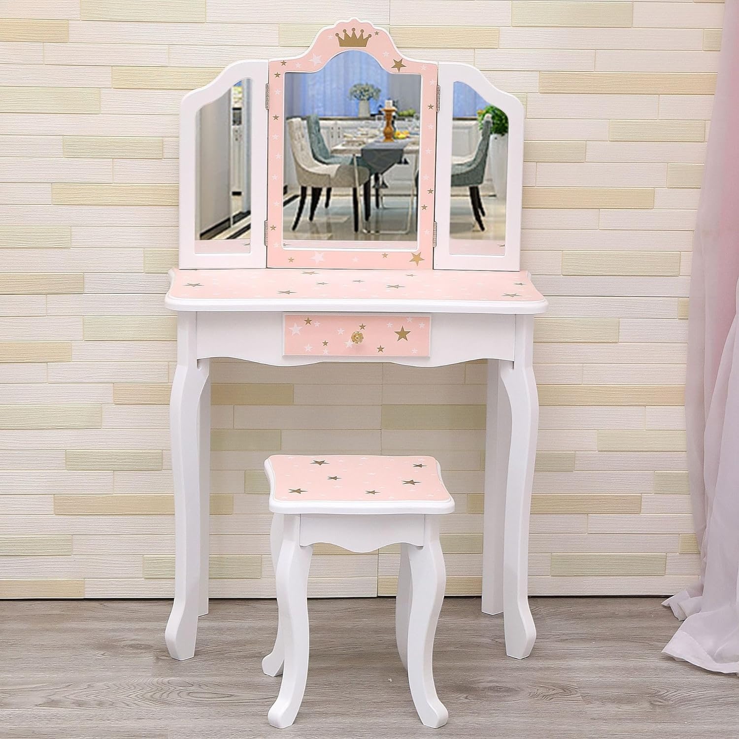 Princess Makeup Table for Kids Vanity Set with Mirror Stool