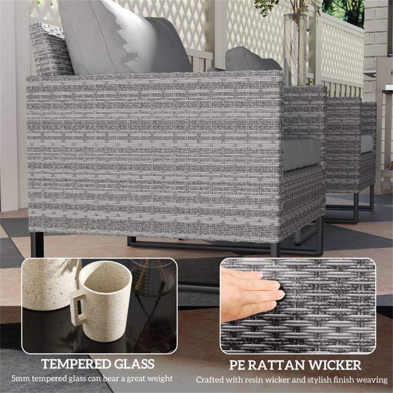 Modern 3 Piece PE Rattan Wicker Grey Outdoor Patio Furniture 2 Chairs with Cushions and Table - 26.8" W x 26" D x 29.5" H