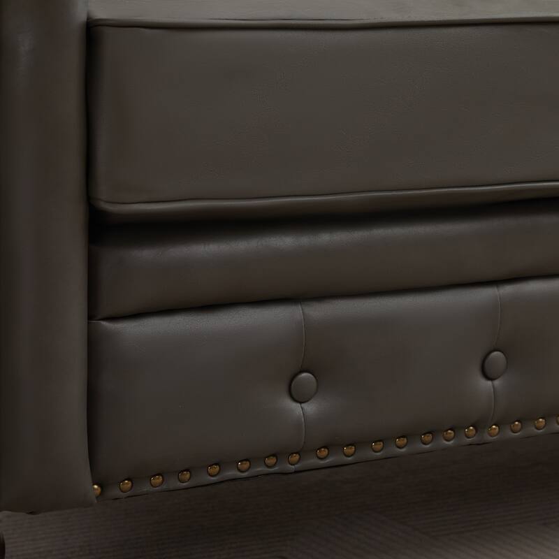 Vintage PU Button-Tufted Sofa Couch, Flared Arms, Rubberwood Legs & Nailhead Trim