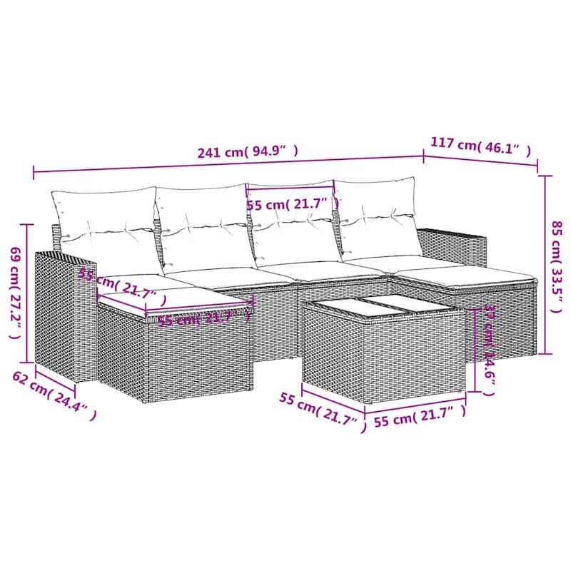 vidaXL Patio Sofa Set with Cushions Outdoor Conversation Furniture Poly Rattan - 25.8" x 24.4" x 27.2"