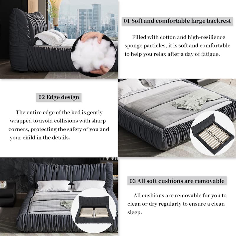 King Size Low Profile Platform Bed with Removable Cushion and Solid Wood Frame Modern Fully Upholstered Bed Frame with Headboard