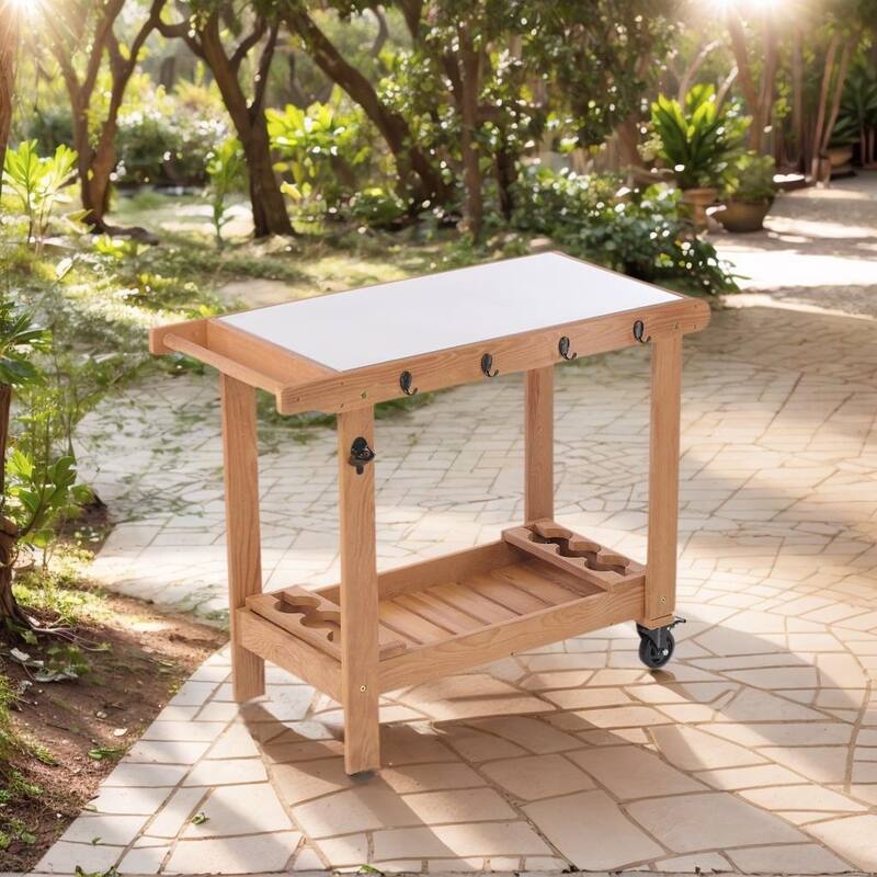 Outdoor Wooden Grill cart Table with Wheels, Metal Top and Storage, for Patio Backyard Garden BBQ