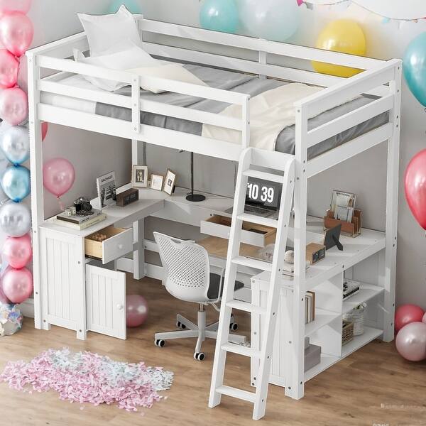 slide 2 of 34, Full Size Loft Bed with U-shaped Desk,Drawers and Storage Shelves for Home White