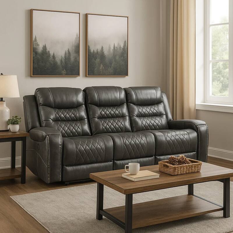 Paul 87 Inch Power Recliner Sofa, Drop Table Cupholders Gray Faux Leather