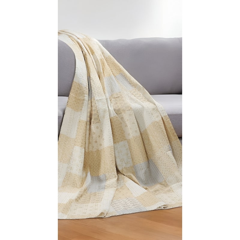 70" X 50" Beige Kantha Cotton Patchwork Throw Blanket with Embroidery - Throw