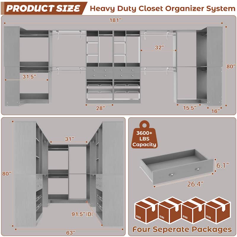 Set of 4 U-Shaped Closet Organizer System with Wood Drawers, Amoire Wardrobe with Shoe Racks