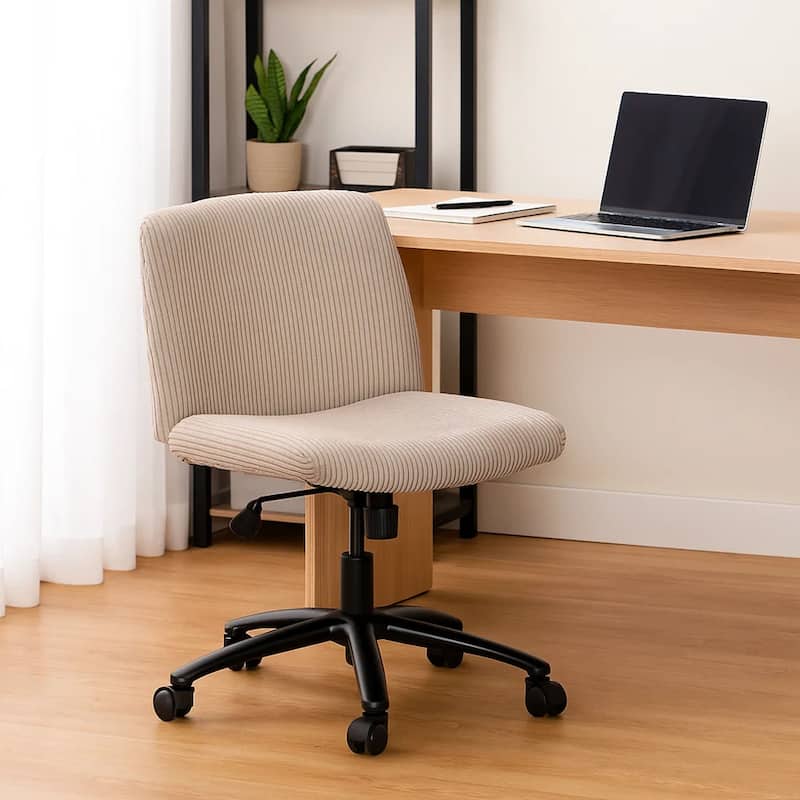 Adjustable Swivel Task Chair on Caster Wheels, Beige Corduroy, Armless