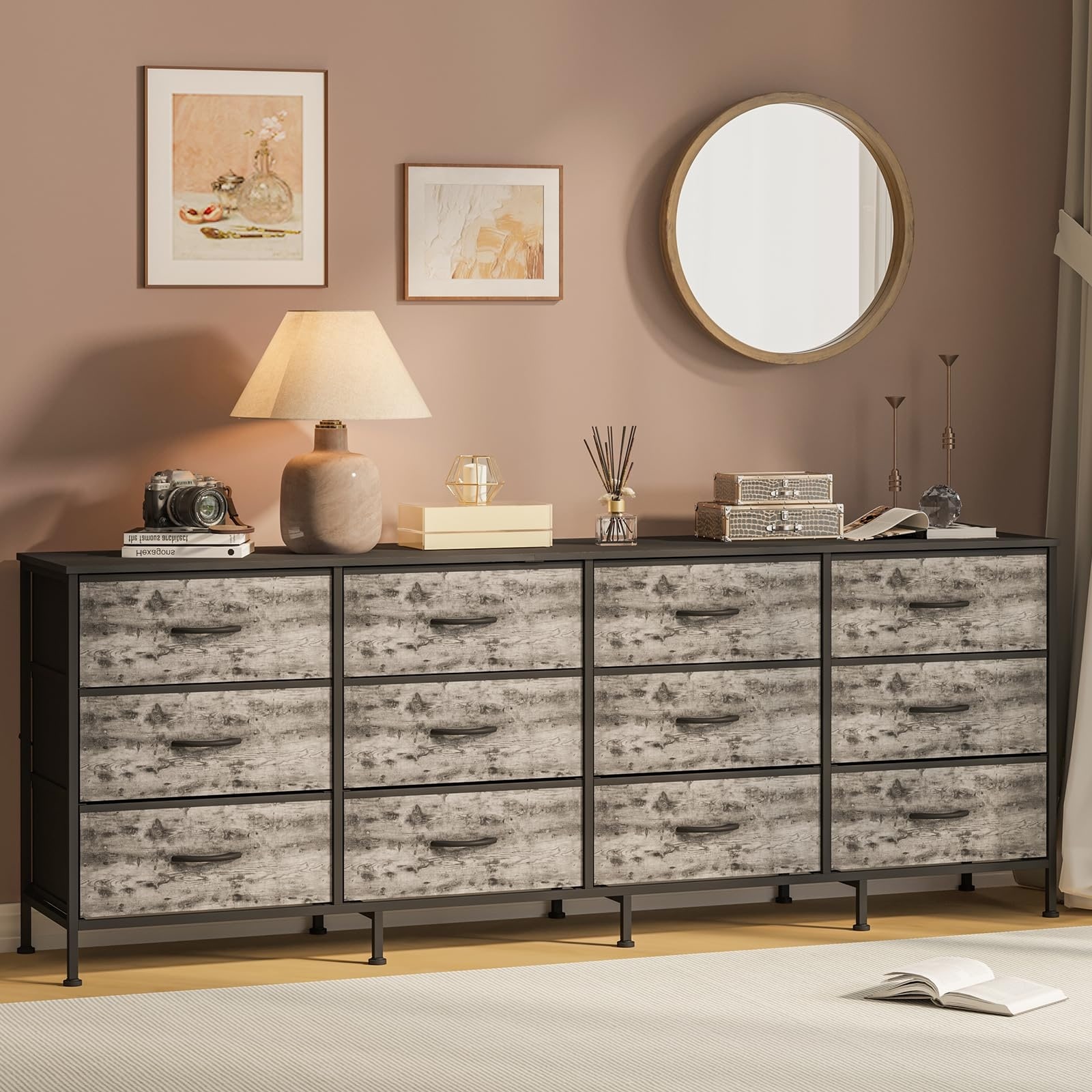 70.8" 12 Drawer Fabric Dresser TV Stand for Up to 80" TV with Wood Top