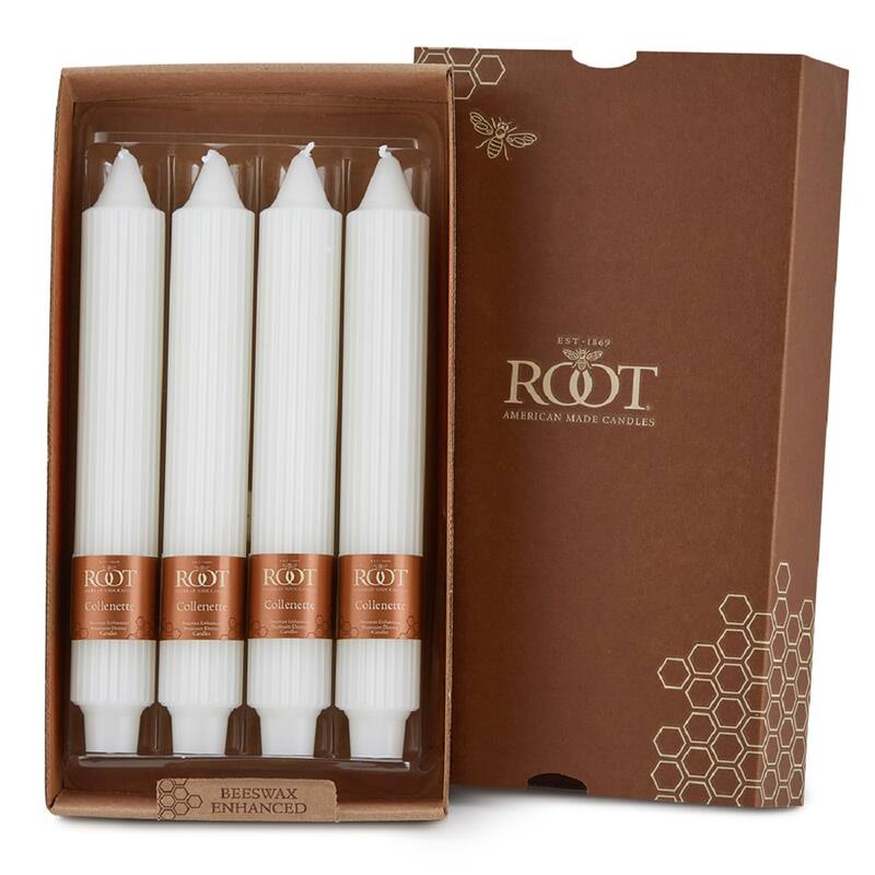 Root Unscented Grecian Collenette Taper Candles box of 4 - 9 X 1-1/4 - White