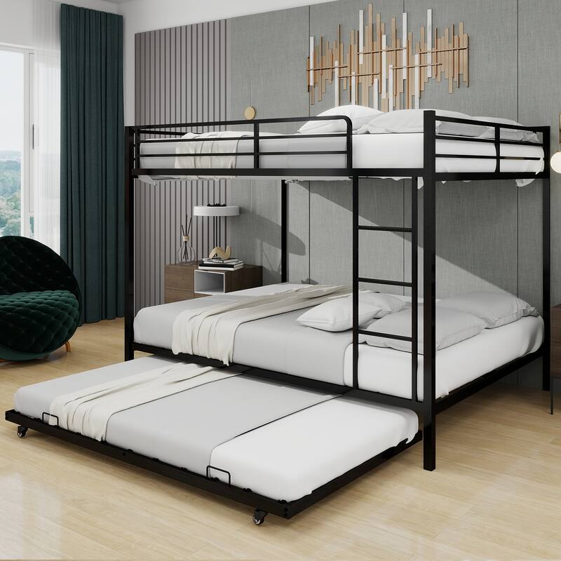 Queen Size Metal Bunk Bed with Safety Rails, Trundle, and Easy Assembly