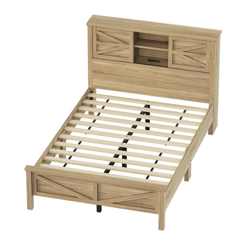 Rustic Platform Bed 3-Pieces Bedroom Sets with Storage Nightstand and Dresser, Wooden Platform Bed with Charging Station