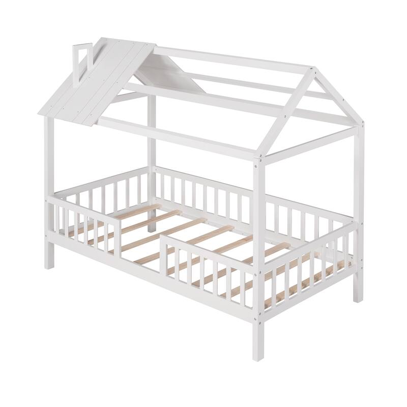 Twin Size House Bed with Fence and Roof Playhouse Design Solid Wood Frame