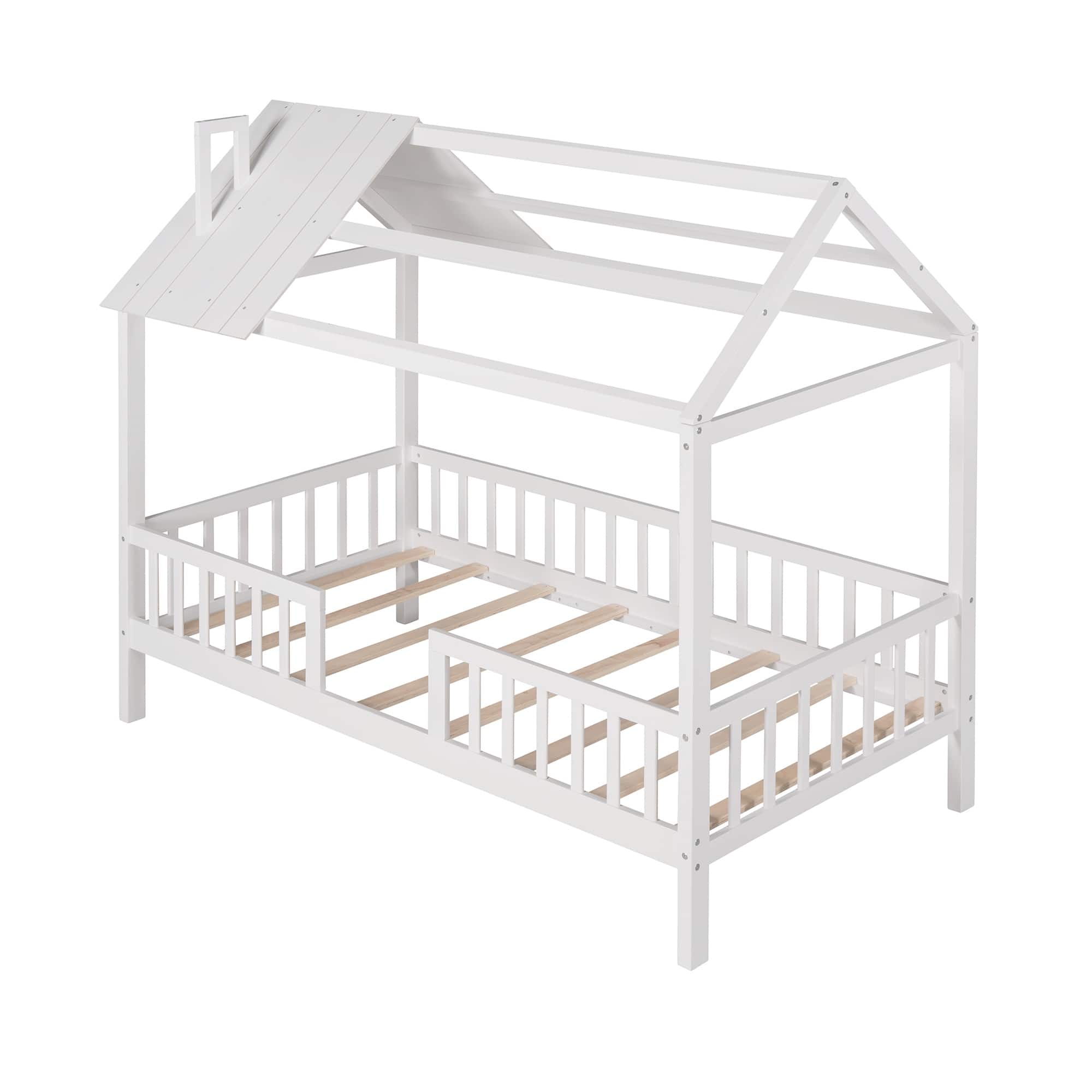 White Twin Size Wood House Bed with Fence - Playhouse Design - Bed Bath ...