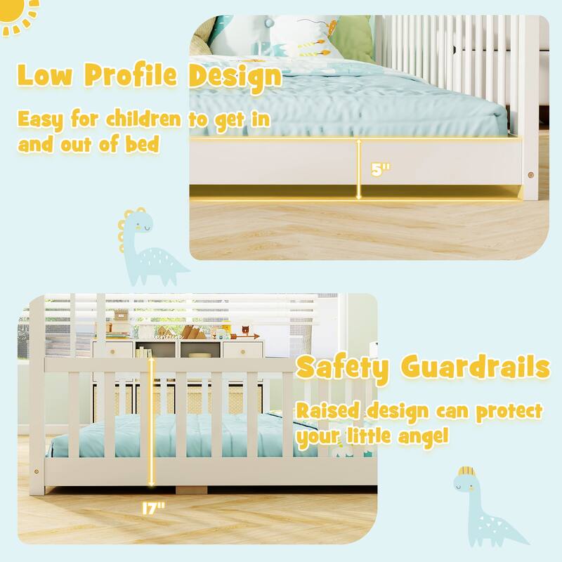 Gymax Double Floor Bed w/ Safety Guardrails No Box Spring Needed for