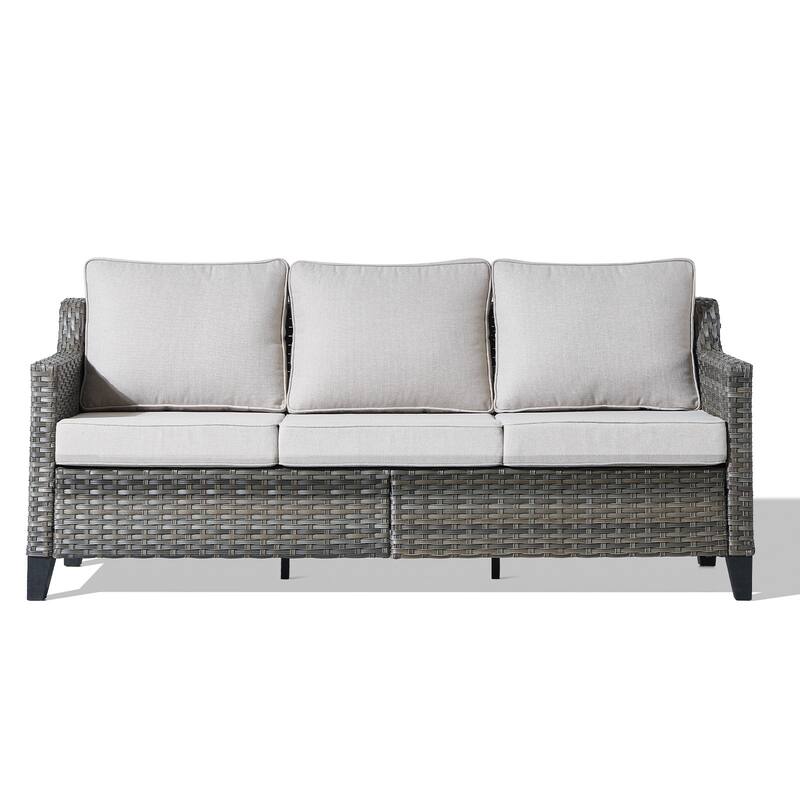 Meyreso Gray Wicker 3-Seat Patio Sofa with 4-Inch Thick Cushions