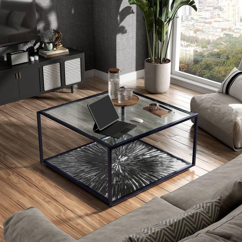 247 Shop At Home Aureum Modern 1-Shelf Coffee Table with Sunburst Base and Tempered Glass Top - Black Nickel & Blue
