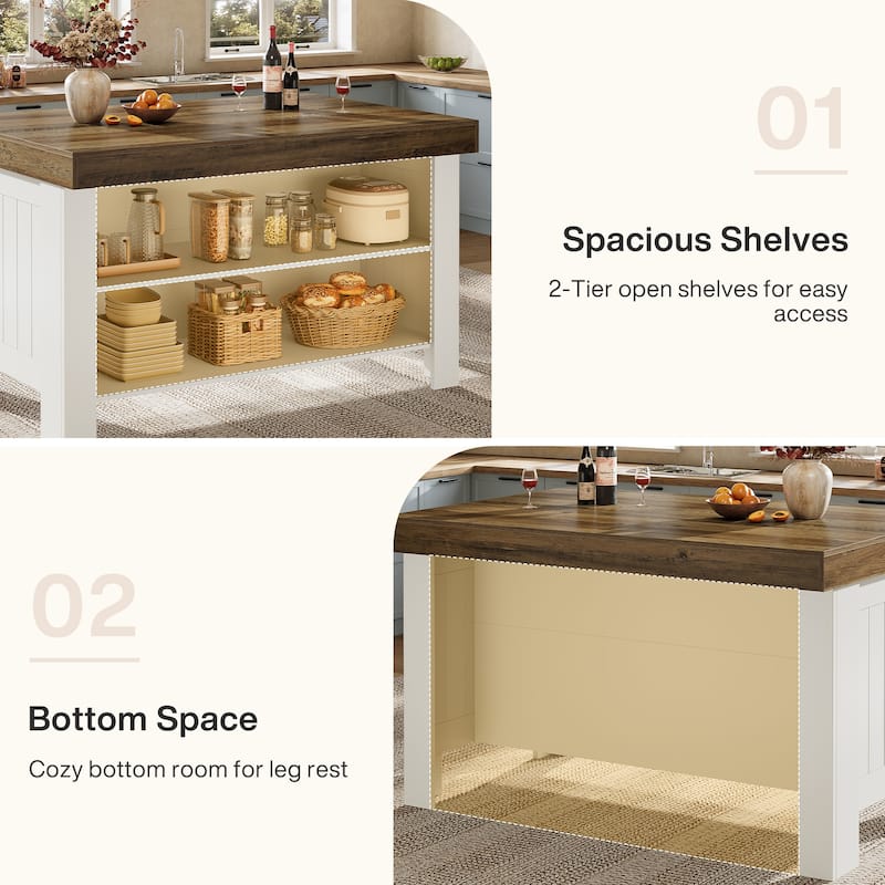 55" Two-Tone Farmhouse Kitchen Island with Storage Shelves