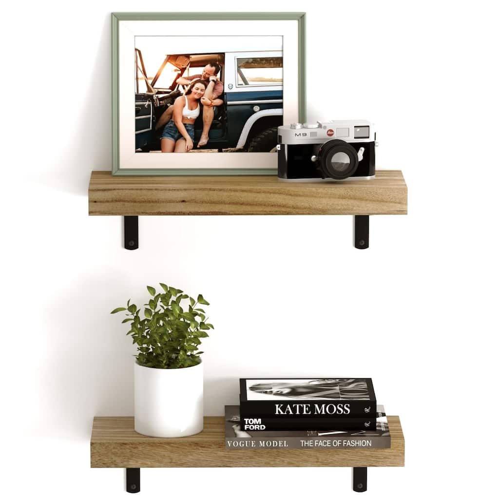 Wallniture Palma 17" Floating Wood Shelves, Natural Burned, Set of 2