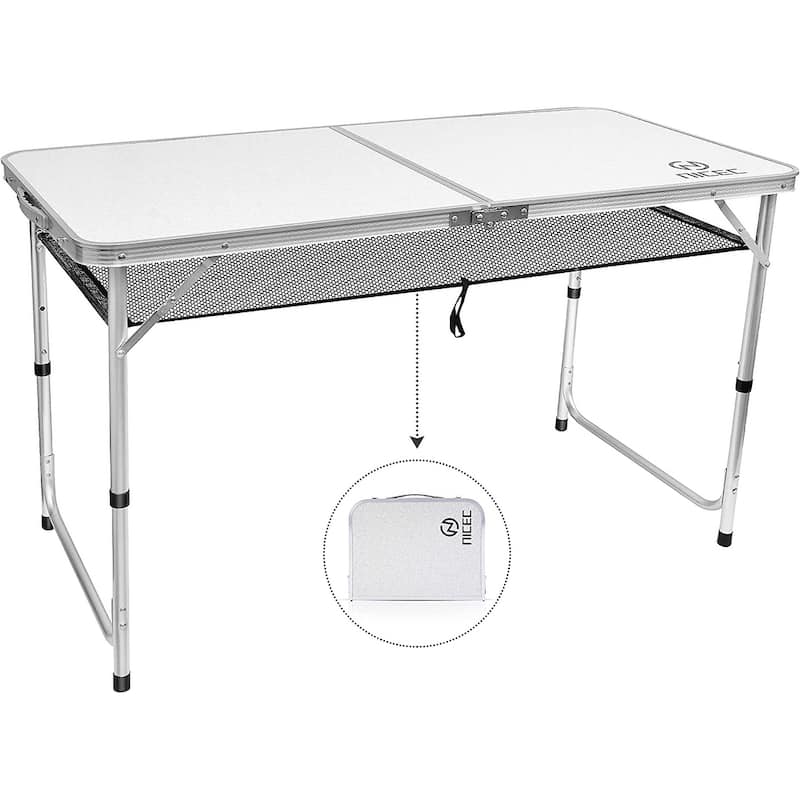 Folding Card Table Adjustable Height, Portable Camping Table Lightweight Aluminum, with Carry Handle for Outdoor, Beach - White 23.7"D x 47.3"W x 27.6"H