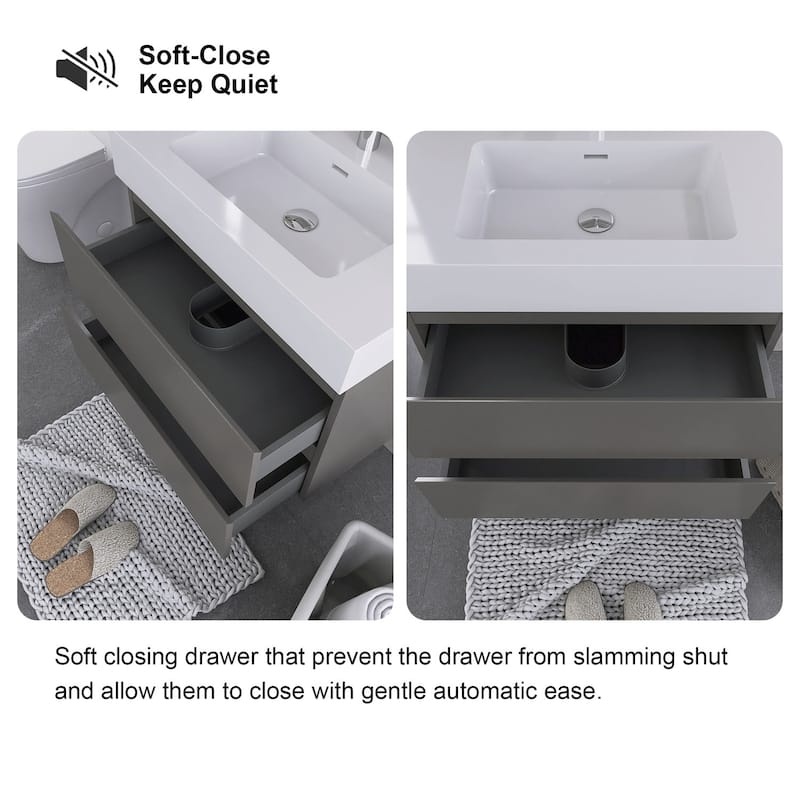 Wood Wall-Mounted Bathroom Vanity Set with White Integrated Resin Sink