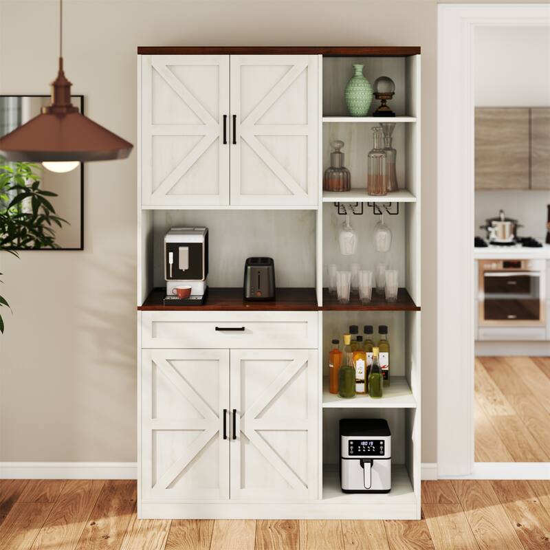 71" Farmhouse Kitchen Pantry Cabinet with Hutch - Brown + Antique White