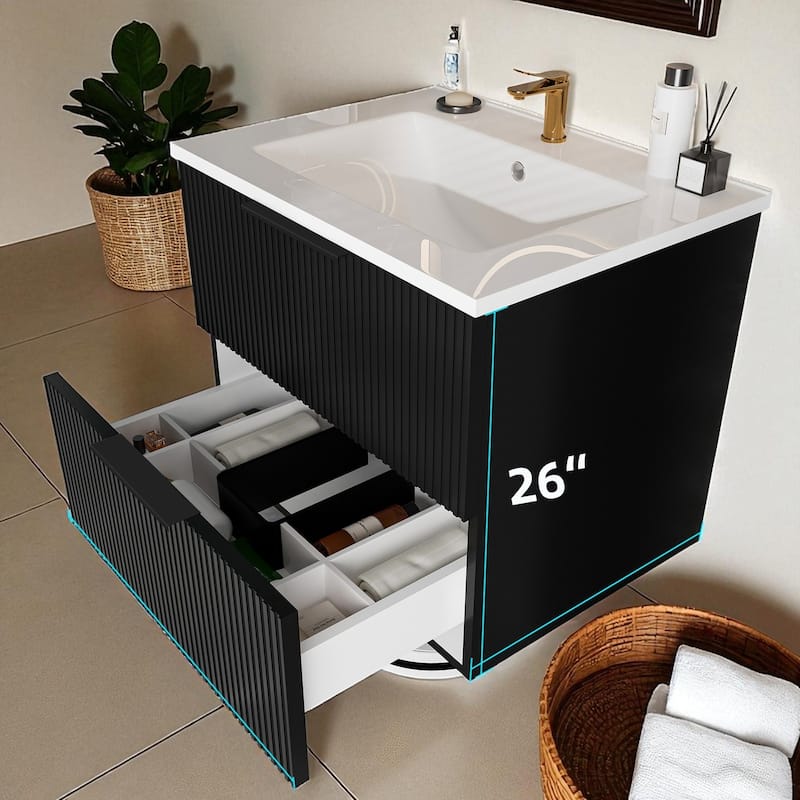 24 Inch Floating Bathroom Vanity with Ceramic Sink, Wall Mounted Modern Fluted Cabinet with 2 Drawers