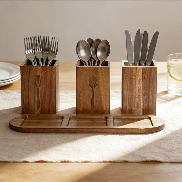 slide 2 of 8, Acacia Wood Utensil Holder 13 x 4.5 x 4.7 in 3-Section Countertop Caddy with Bottom Tray Kitchen Organizer - 13 x 4.5 x 4.7 in Brown - 13 x 4.5 x 4.7 in