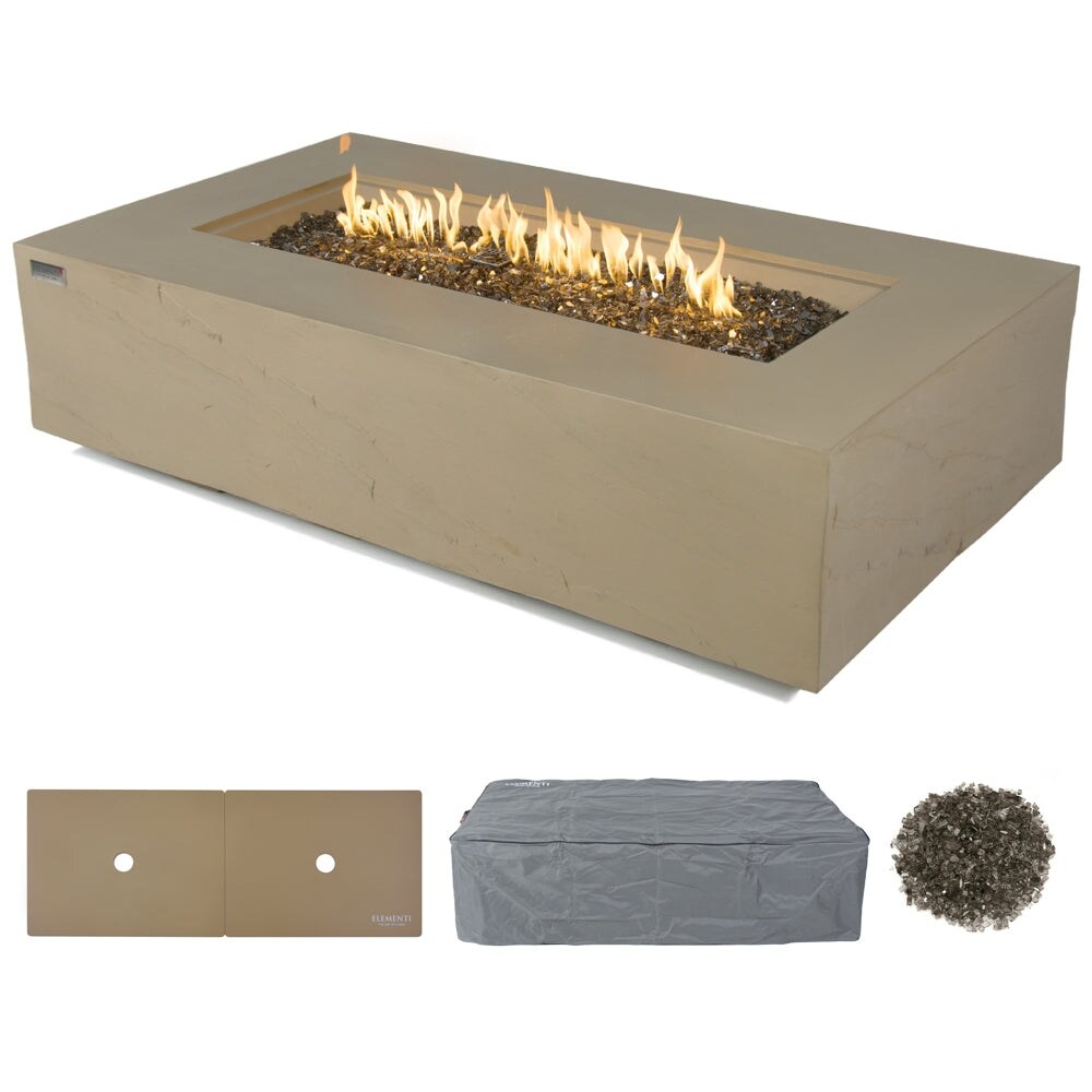 Elementi Plus Meteora Outdoor Fire Pit Table Concrete Rectangular 60000 BTU - 55.9 x 31.9 inches with Lid, Fire Glass, and Cover