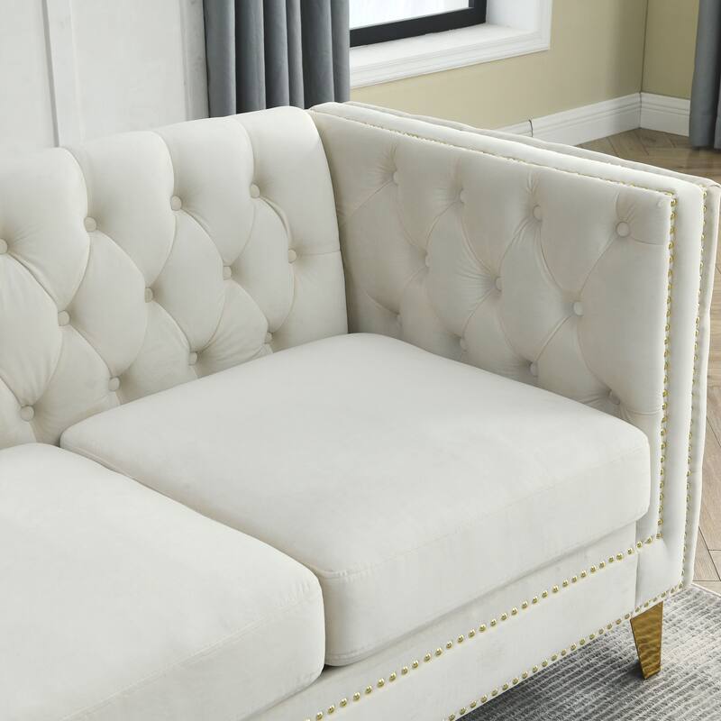 Velvet Chesterfield Sofa, Button Tufted Upholstered 3 Seater Couch, Deep Seat Couch with Nailhead Trim & 2 Throw Pillows