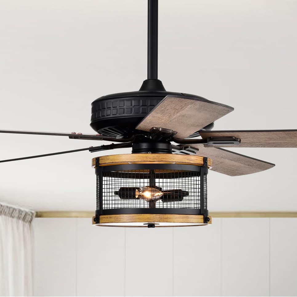 Wood Grain Black 25 Inch Industrial Style Lighted Ceiling Fan Cage with Remote