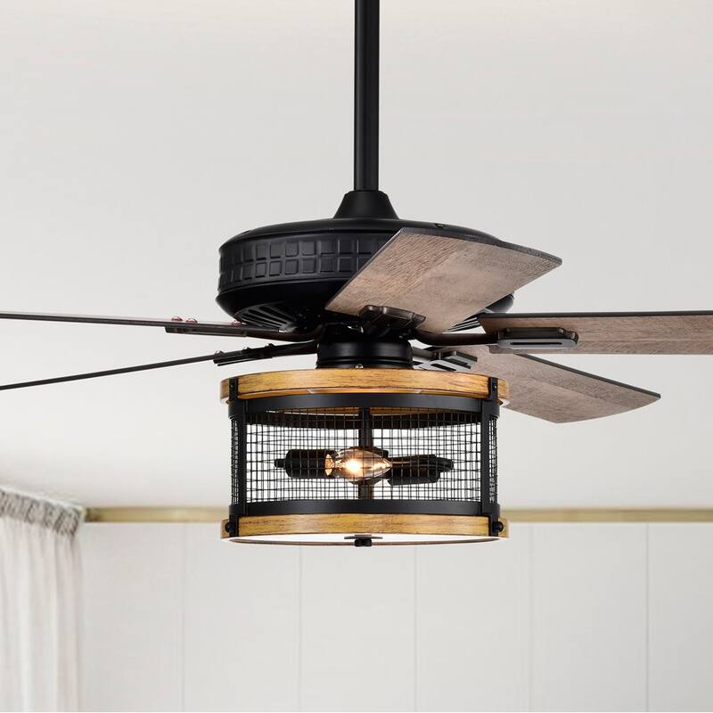 Wood Grain Black 25 Inch Industrial Style Lighted Ceiling Fan Cage with Remote