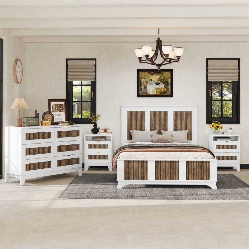4-Pieces Bedroom Sets, Full/Queen Size Platform Bed with Wooden Strip Decoration, 2 Storage Nightstands and Dresser