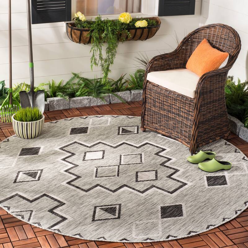SAFAVIEH Courtyard Cemre Indoor/ Outdoor Waterproof Patio Backyard Rug - 4' Round - Grey/Black