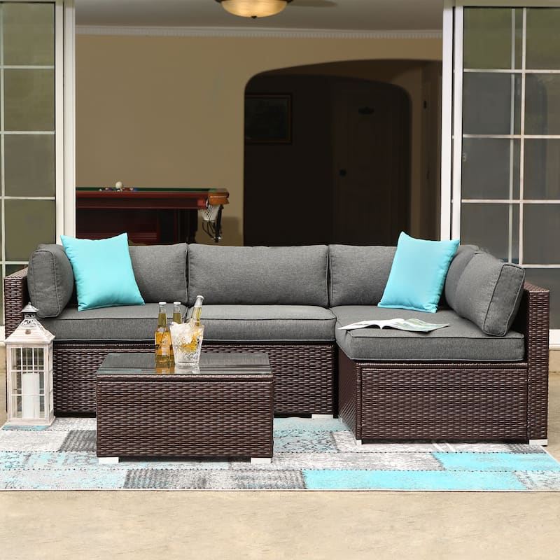 COSIEST 5-piece Espresso Wicker Sofa Patio Furniture Set with Pillows - Dark Grey