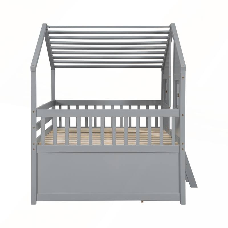 Full Size House Loft Bed with 4 Storage Drawers and Safety Guardrails