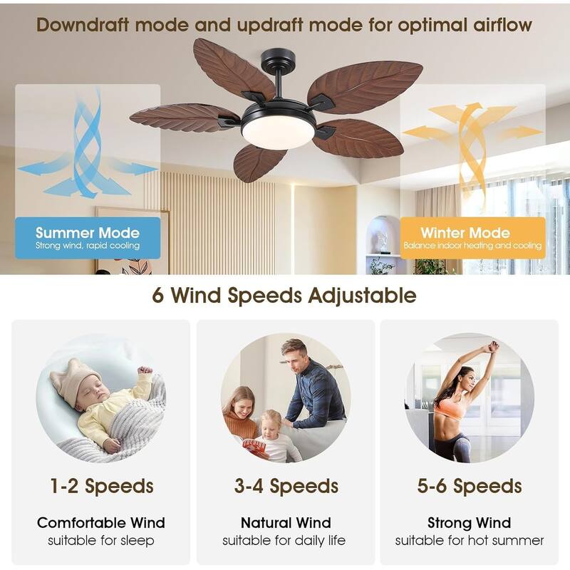 44"/52" Palm Leaf Tropical Ceiling Fan with Light,Indoor and Outdoor Ceiling Fan,Waterproof