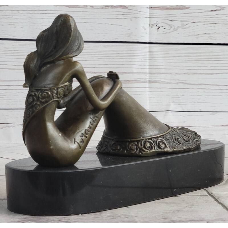 Young Woman In Floral Skirt Mermaid Effect Bronze Statue Sculpture Figure On Marble Base