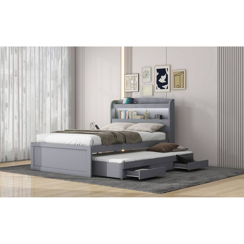 Twin XL Platform Bed with Storage, LED Headboard, Charging Station, Trundle, and Drawers, Gray