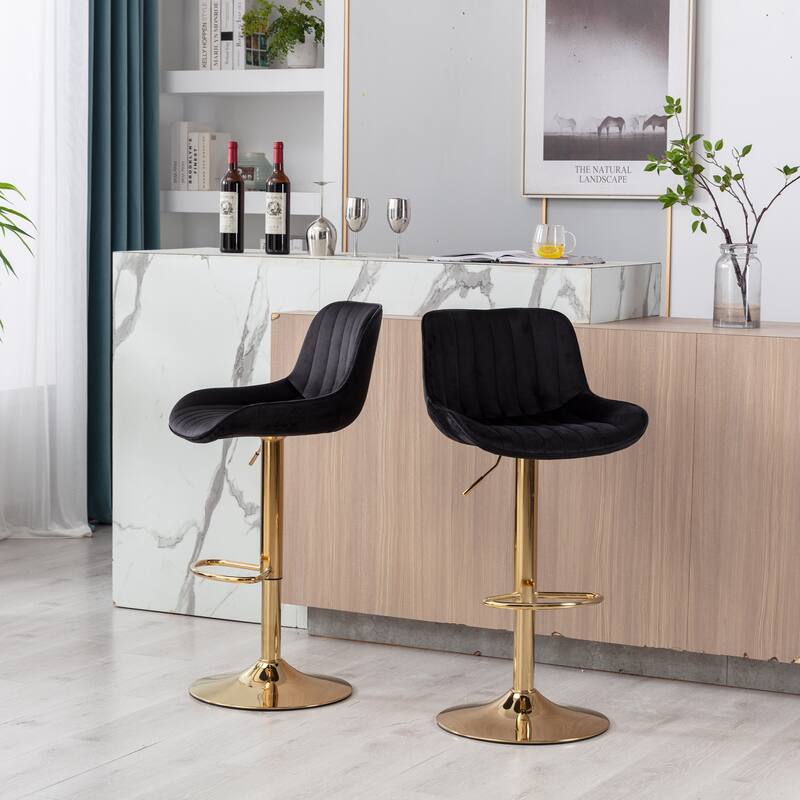 Set of 2 Adjustable Swivel Bar Stools, Black Velvet with Chrome Footrest & Gold Legs