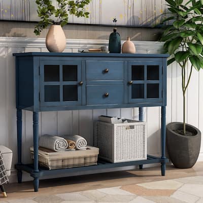 Farmhouse 42" Sideboard Console Table with 2 Glass Door Cabinets and 2 Storage Drawers, Bottom Shelf