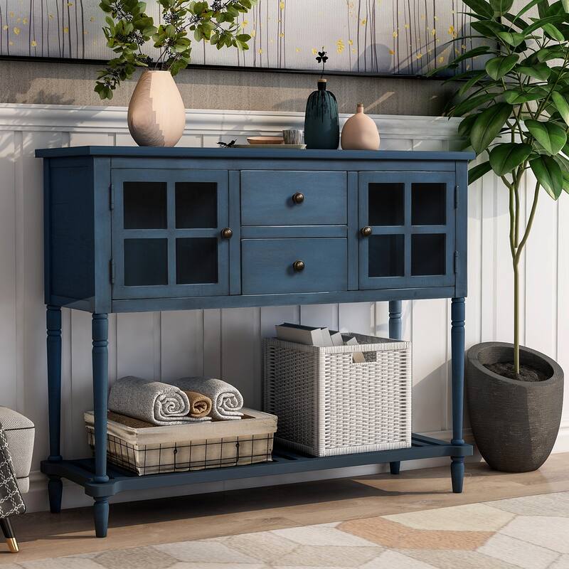 Sideboard Console Table with Bottom Shelf and Farmhouse Wood/Glass Buffet Storage Cabinet - 42"L x 14"W x 34.2"H