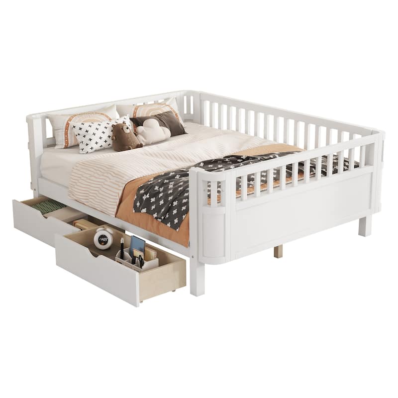 Full Size Wood Platform Bed for Kids, Wood Low Profile Full Bed with Rails for Girls and Boys, White