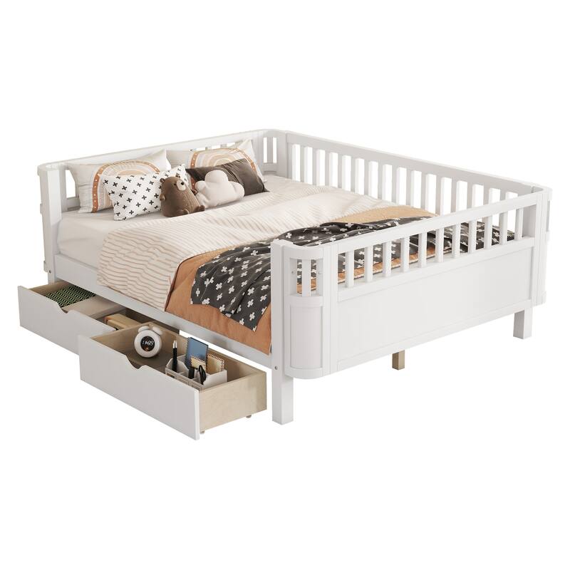 Wooden Kids Bed with 2 Storage Drawers, Guardrails and Removable Side Rail, Rounded Corners Frame Montessori Bed, Toddler Bed
