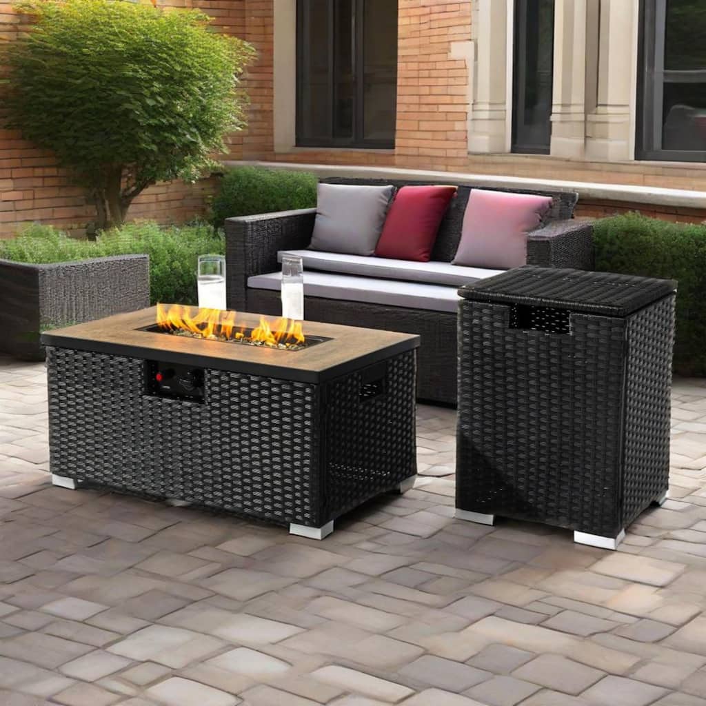 Anmytek 32" Propane Fire Pit Table - 2-Piece Steel Wicker Base with Tank Cover