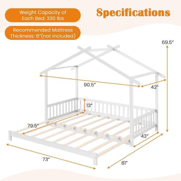 dimension image slide 2 of 4, Extendable House Bed Twin to King Daybed with Roof and Fence Rails