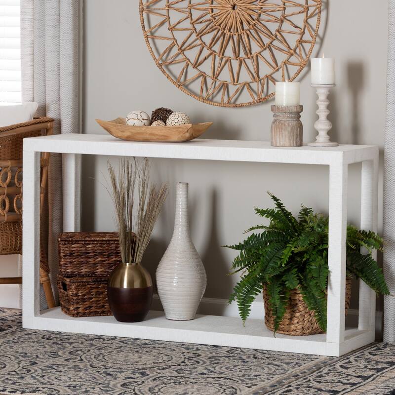 Oaklynn Natural Grasscloth Console Table - Two-Tier Entryway Table with Open Frame, Modern Coastal Accent Table, White