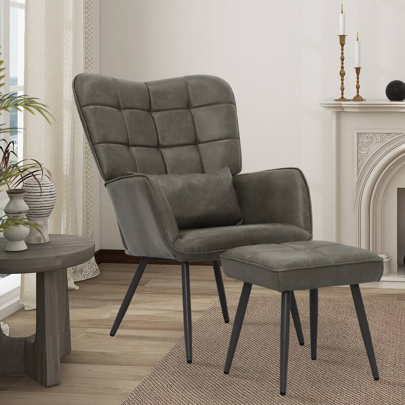 Maypex Upholstered Wing back Chair with Ottoman and Toss Pillow