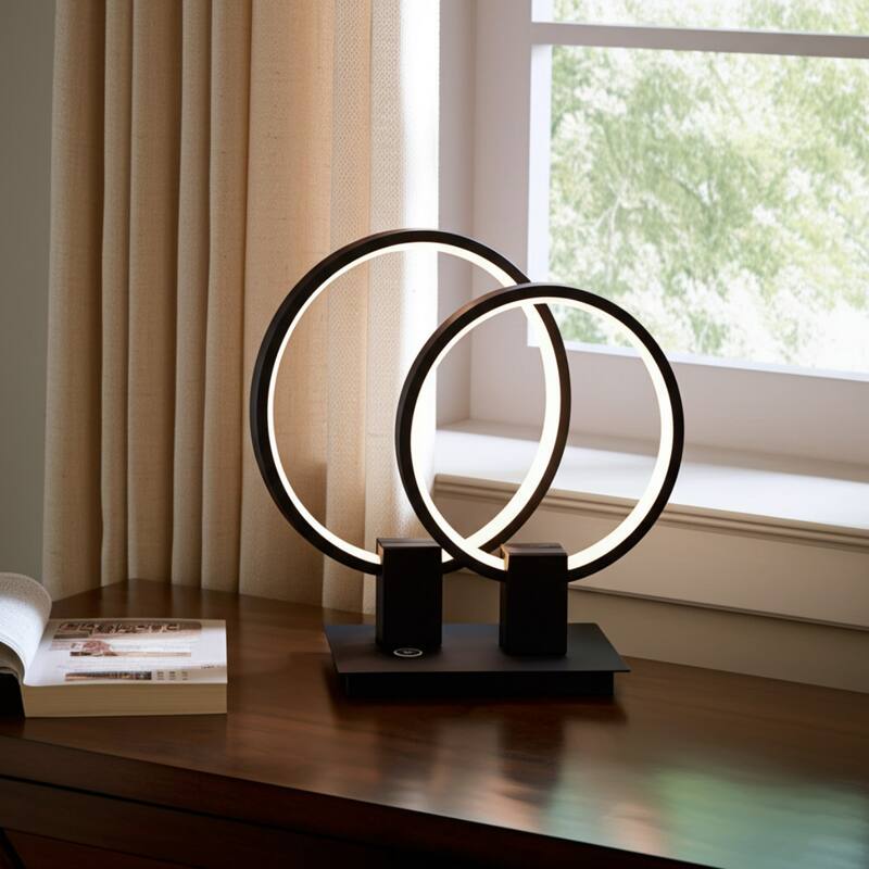 Black Metal Double Circle LED Table Lamp with Touch Switch and Dimmer - 6” x 15” x 15” (D x W x H)