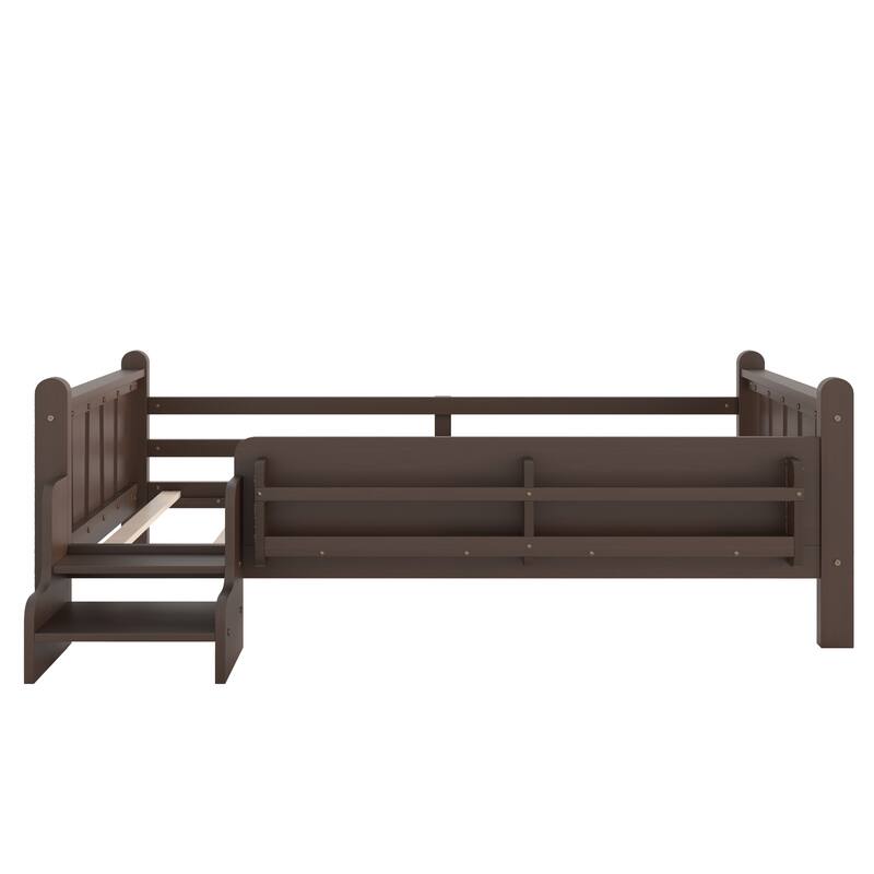 Full/Twin Floor Bed with Storage Bookcases & Cute Stairs - Solid Wood Kids Bed, No Box Spring